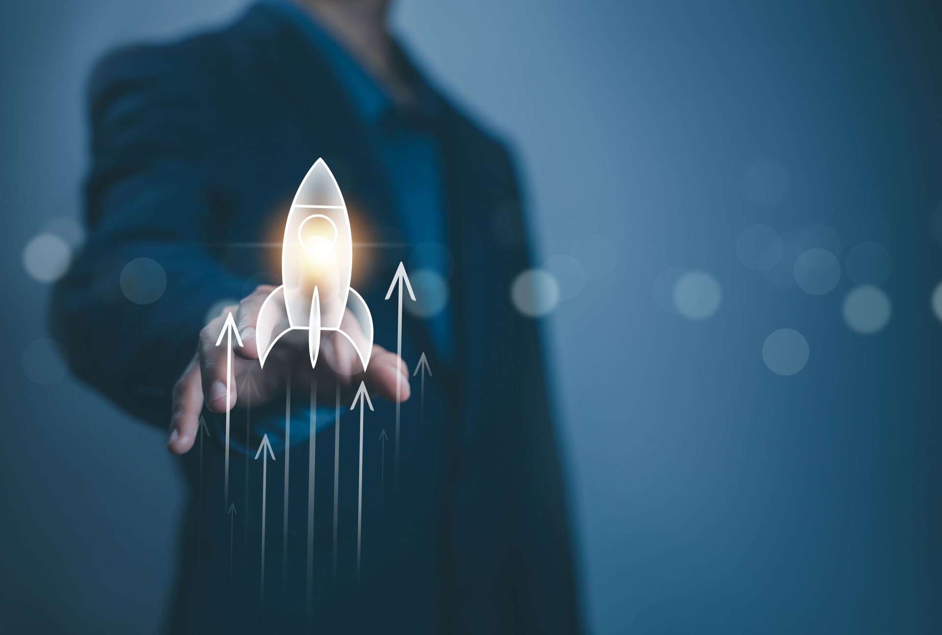 businessman launch rocket, startup concept. entrepreneurship starts with digital technology and the growth of an online business. progress of Leadership and new business success